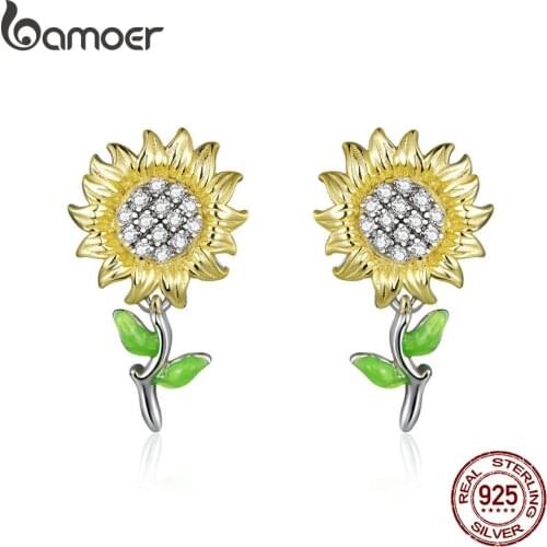 Bamoer Genuine 925 Sterling Silver Sunflower Stud Earrings for Women Jewelry 2020 Brincos SCE919