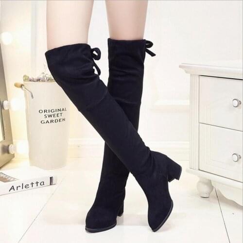 Big size 9 over the knee boots women thick heel bowtie thigh high boots 2016 fashion elastic flock long design winter boots