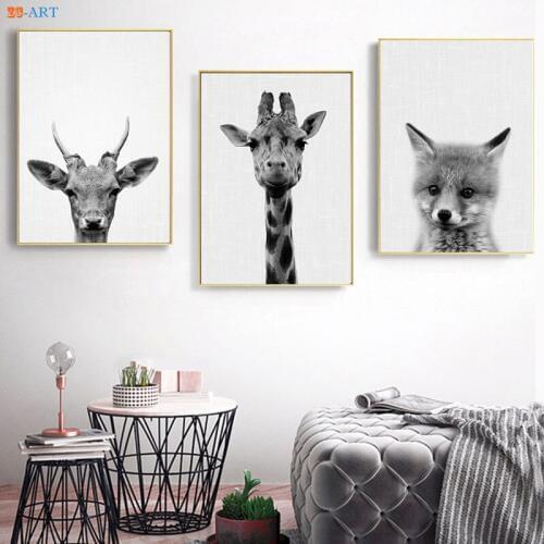 Black and White Posters and Prints Wall Art Deer Fox Baby Animal Canvas Painting Wall Pictures Bathroom Decor with Frame