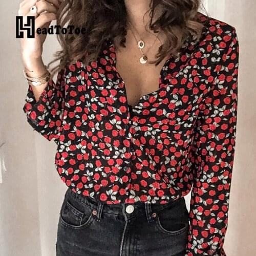 Ditsy Floral Print Button Casual Shirt Tops Women Long Sleeve Turn Down Collar Shirts