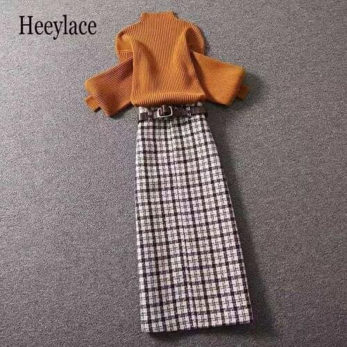Elegant Women Autumn Winter Clothing Set Turtleneck Sweaters Tops And Tweed Plaid long Skirts Suit Office Ladies Two Pieces Sets