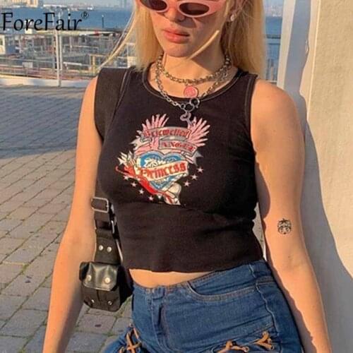 Forefair 2021 Summer Sexy Black Tank Top Sleeveless O Neck Harajuku Print Basic T Shirt Y2K Crop Tops Women Streetwear Casual