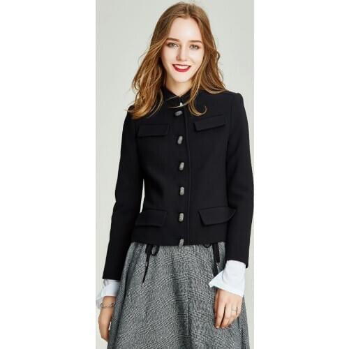 HAVVA Autumn Women Vintage Solid Color Stand Collar Jacket Single-breasted Slim Casual Black Short Coat W3985