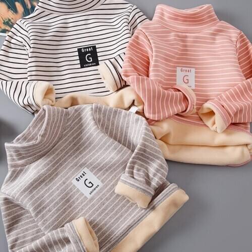 2020 Autumn Winter Childrens Turtleneck Plus Velvet Bottoming T-Shirt for Boys and Girls Korean Striped Long Sleeve Warm Top