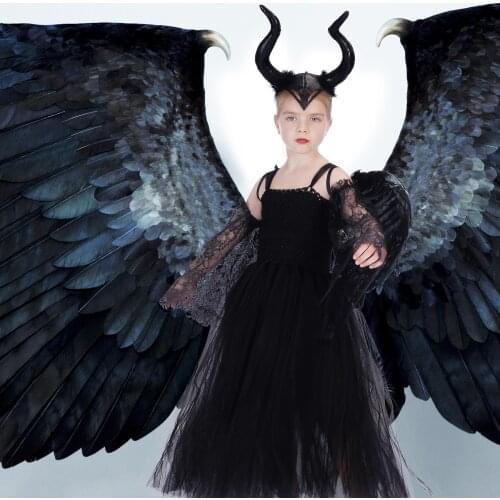 Maleficent Halloween Evil Queen Costume Kids Girl Witch 2 Tutu Dress with Horns Fairy Children Clothes 2-12T for Girl Kids Party