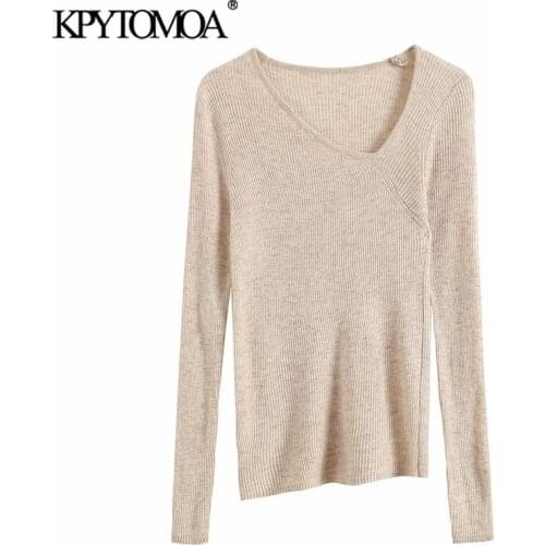 KPYTOMOA Women 2021 Fashion Irregular Fitted Knitted Sweater Vintage Long Sleeve Female Pullovers Chic Tops