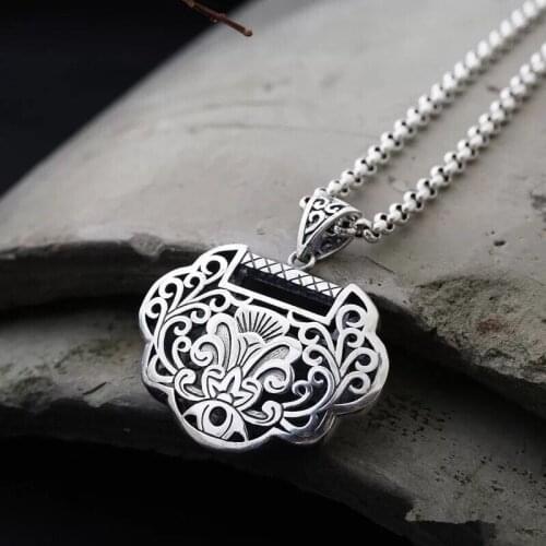 New Long Life Lock Pendant Imported Thai Silver Vintage Ladies Sweater Chain Necklace for Girlfriend Old Silversmith Handmade