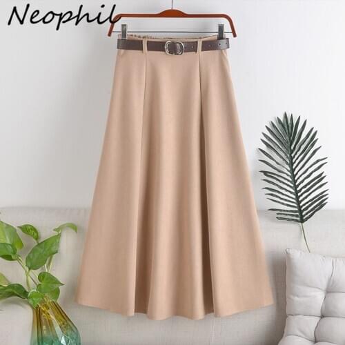 Neophil 2021 Autumn Women Solid Midi Skirt Belt High Waist Ladies A-Line Safari Style Sashes Girl Skirt Casual Longa Saia S21201