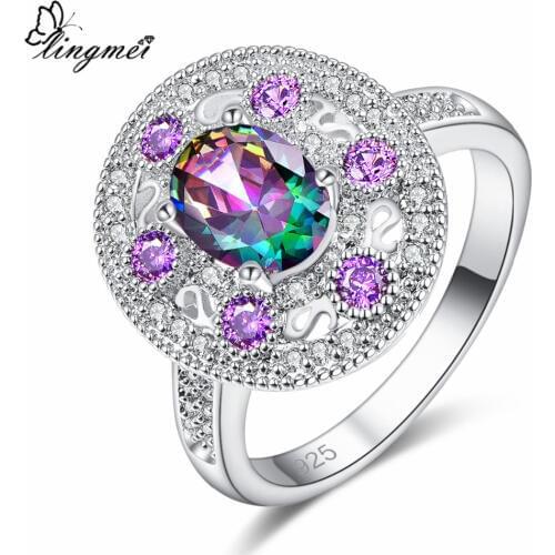 Lingmei New Oval Cut Multi Purple Blue Pink White CZ Silver Color Ring Size 6-9 Wedding Women Jewelry Engagement Gifts Christmas