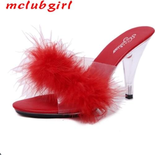 Mclubgirl 2020 Women Slipper New Women Fashion Crystal Sandals Slippers Women Sexy Super High Heels 10CM Plush Sexy shoes LFD