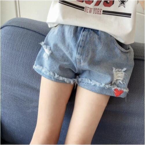 Girls Cute Shorts Summer New Children Denim Short Pants 3-13 Yrs Old Kids Lace Rhinestone Spliced Jeans Hole Outside Shorts B170