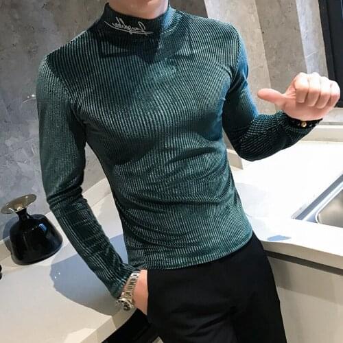 2020 Spring And Summer Striped Long-sleeved Clothes High Collar Shirt Mens Personality Gold Velvet T-shirt Male