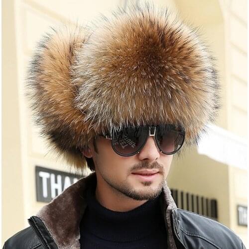 Winter Mens 100% Real Silver Fox Fur Bomber Hat Raccoon Fur Ushanka Cap Trapper Russian Man Ski Hats Caps Real Leather