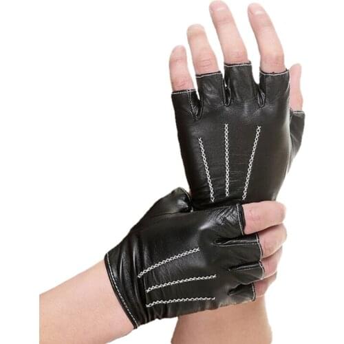 Men And Women Genuine Leather Gloves Sheepskin Leather Fingerless Gloves Black Red Driving Locomotive Gloves