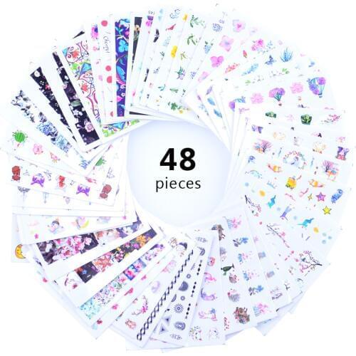 48pcs Watercolor Floral Flower Sticker Nail Decal Set Flamingo Letter Design Gel Manicure Decor Water Slider Foil