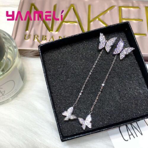 Charm Double Butterfly Rhinestone Thread Earring 925 Sterling Silver Shiny Austria Crystal Pendientes for Girl Gift Jewelry