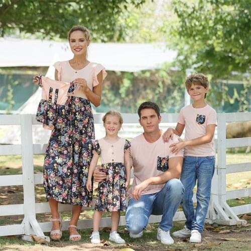 Family Matching Outfits Son Short Sleeve T-shirt Mom and Daughter Twin Long Dress of Baby clothes Patchwork Romper