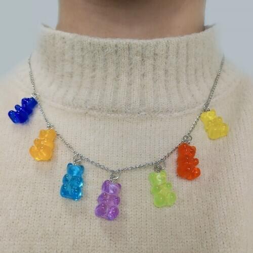 Cute Bear Necklace Rainbow Pride Cute Jelly Bear Gummy Necklace for Women Girls Cool Punk Hip Hop Resin Necklace Accessories