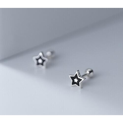 Real 925 Sterling Silver Black Star Stud Earrings For Fashion Women Party Hiphop Fine Jewelry Minimalist Accessories
