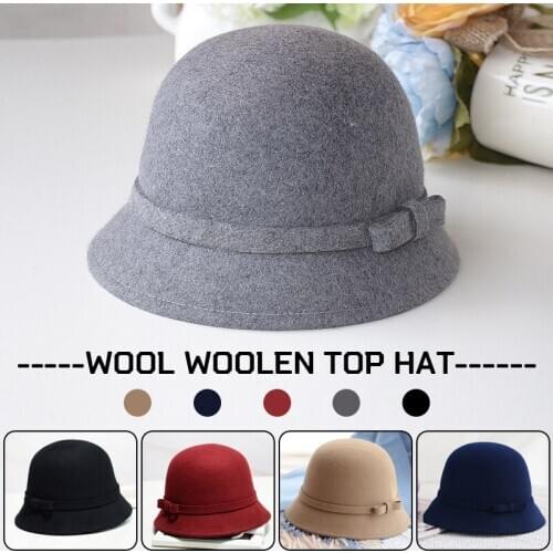 Chic Wool Felt Cloche Hats Women Elegant Vintage Bowknot Bucket Hat Bowler Church Hat