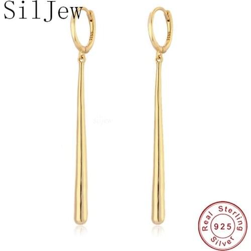 SilJew Real 925 Sterling Silver Fashion Long Stick Charm Hoop Earring for Women Wedding Party Fine Jewelry Piercing Pendientes