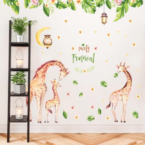 Lovely Giraffes Family Owl on Moon Retro Lamp Flowers Leaves Wall Stickers Kids Infant Room Nursery Decor Wallpaper Poster Art