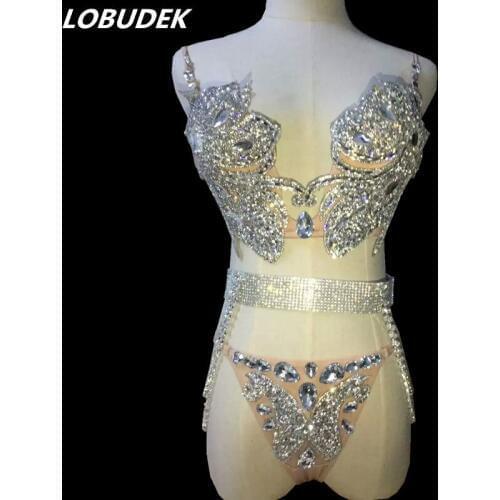 Occident Bar Nightclub DJ DS Costume Female dancer stage performance dance Suit Sparkly Glass Rhinestones Bikini Sexy Bra Sets