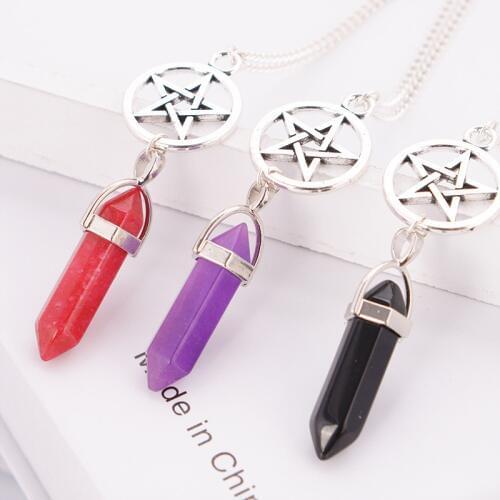 Hot Hexagonal Column Quartz Necklaces Pentagram Pendants Vintage Natural Stone Bullet Star Crystal Necklace For Women Jewelry