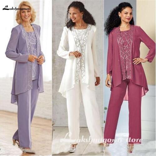 Lavender Beaded Mother Of The Bride Pant Suits Jewel Neck Sequined Formal Wedding Guest Dress With Jackets Plus Size Mothers Gro