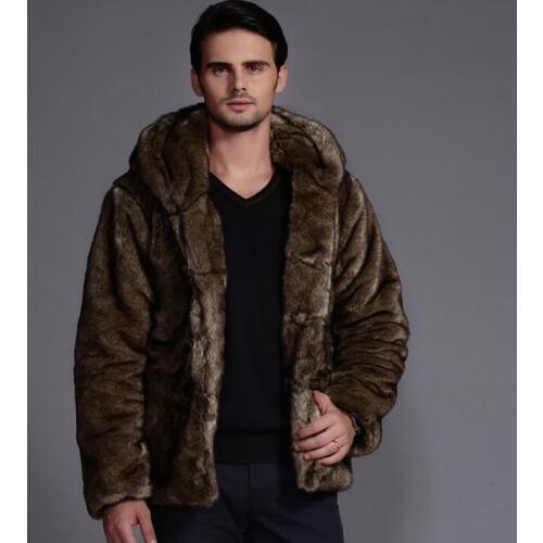 Winter autumn thicken thermal faux fur leather jackets men casual mens horn button coats medium-long outerwear fashion hooded
