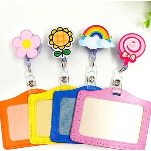 1pc PU Leather Staff Work Card Holder with Cartoon Sunflower Nurse Pattern Badge Reel Clip Identity Pass Access Card Cover Case