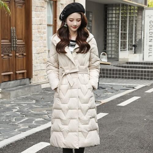 2020 New Winter Jacket Women Fashion Office Lady Jacket Coat Sashes Long Hooded Parka Casual Slim Coat