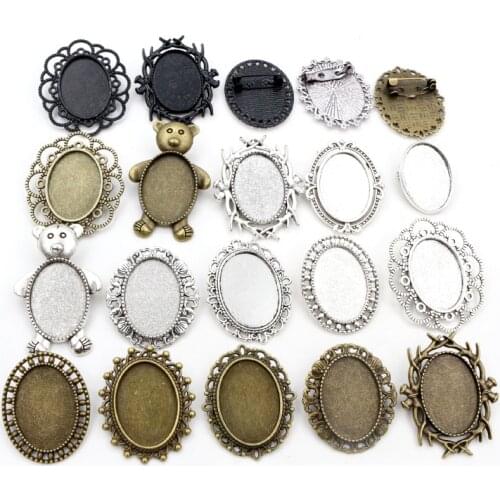 5pcs 18x25mm Inner Size Antique Silver Plated and Bronze Black Brooch Pin Classic Style Cameo Cabochon Base Setting
