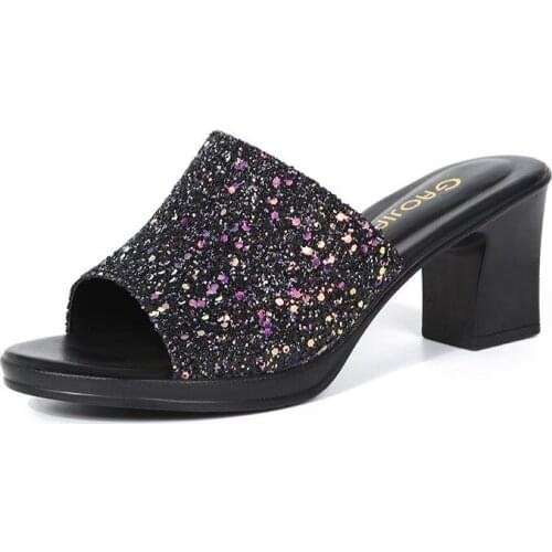 2021 New Sandals Ladies Summer and Autumn Waterproof Platform Stars Sequins with Middle Heel Comfortable Sandals and Slippers