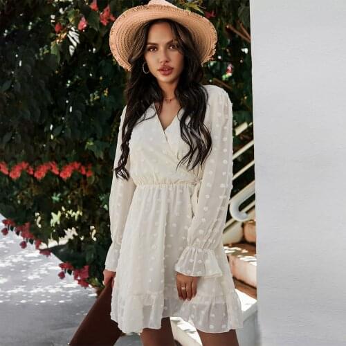 Jastie 2021 Spring Summer Dress V-Neck Long Sleeve with Belt Chic Women Mini Dresses Chiffon Casual Boho Beach Female Vestidos