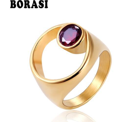 BORASI New Brand Irregular Round Stone Finger Rings Stainless Steel Trendy Jewelry Gold Color Ring For Women Anniversary