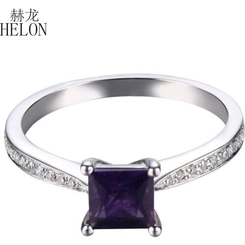 HELON Solid 14K White Gold Flawless Cushion 5mm Genuine Natural Amethyst Diamond Engagement Wedding Ring Women Gift Fine Jewelry