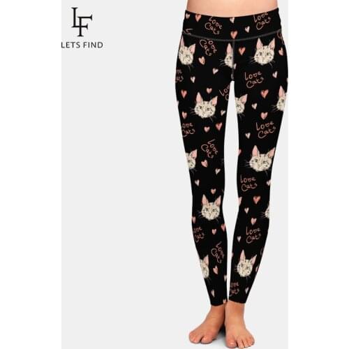 LETSFIND New 220gsm Double Side Brushed Milk Silk Print Women Pants Fashion Love Cats Print High Waist Plus Size Soft Leggings
