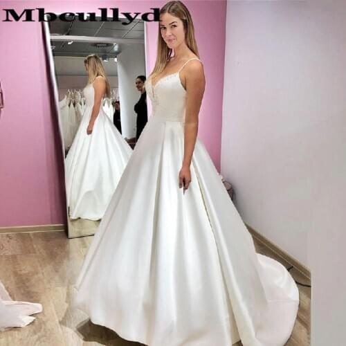 Mbcullyd Glamours V-neck Wedding Dresses Long 2020 Elegant Satin Bridal Dress For Women Beaded Crystal vestido casamento praia