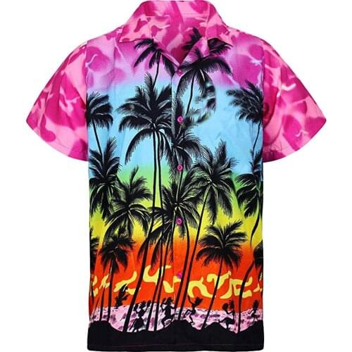 Fashion Hawaii Beach Shirts for Men Summer Coconut tree Printed Loose Short Sleeve Turn-down Collar Casual Shirts Men Clothing