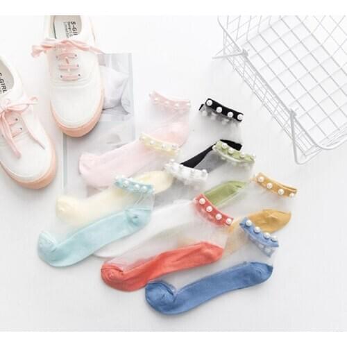 1 Pair Womens Pearl Socks Ankle Casual Glitter Shiny Lace Mesh Thin Bead Transparent Soft Short Girl Summer Breathable New