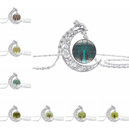 5 family gift crescent moon life tree lotus necklace half moon flower plant lucky hollow moon amulet pendant necklace jewelry