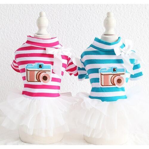 Striped Camera Bow Pet Dog Clothes Summer Tutu Dress Dog Coat Cat Dress Dog Wedding Dress Floral Pet Dress Clothing