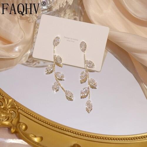 FAQHV Luxury 14K Real Gold Plated Leaves Earring Delicate Micro Inlaid Cubic Zircon CZ Stud Earrings Wedding Jewelry Pendant