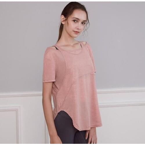 Yoga Top Women Summer Sexy Fashion Fake Two-Piece Sports T-Shirt Short-Sleeved Loose Solid Quick Dry Fitness Blouse Sportswear