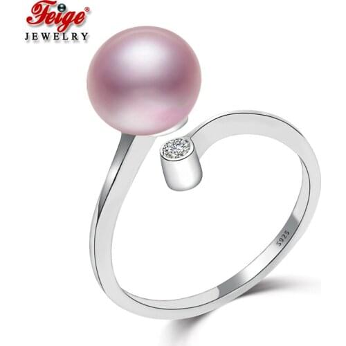 Trendy Silver 925 Pearl Ring for Ladies Party jewelry Gifts 8-9MM Purple Freshwater Pearl Rings Fine Jewelry Dropshipping FEIGE