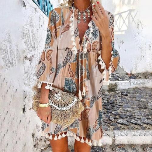 Vintage Women Floral Print A-Line Party Dress Spring Autumn V Neck Lace Up Tassel Mini Dress Elegant Long Sleeve Ladies Dresses