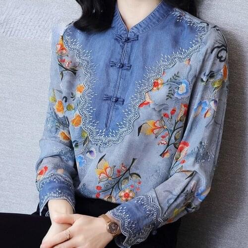 2021 Spring Autumn Women New Print Floral Patchwork Tops Female Long Sleeve Denim Shirt Lady Casual Loose Plus Size Blouse R184