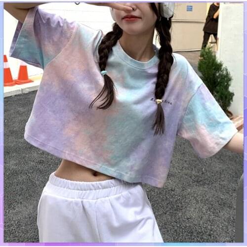 Tie-dye Womens Cotton Tee Shirt Summer Short Sleeve T Shirt Casual Loose Crop Top Short T-shirts Tees Shirts Female Clothing