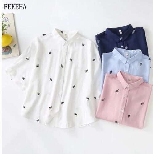 Summer Chiffon Shirts Womens Blouses And Tops Floral Print Short Sleeve Half Sleeve Female Clothes White Blue
